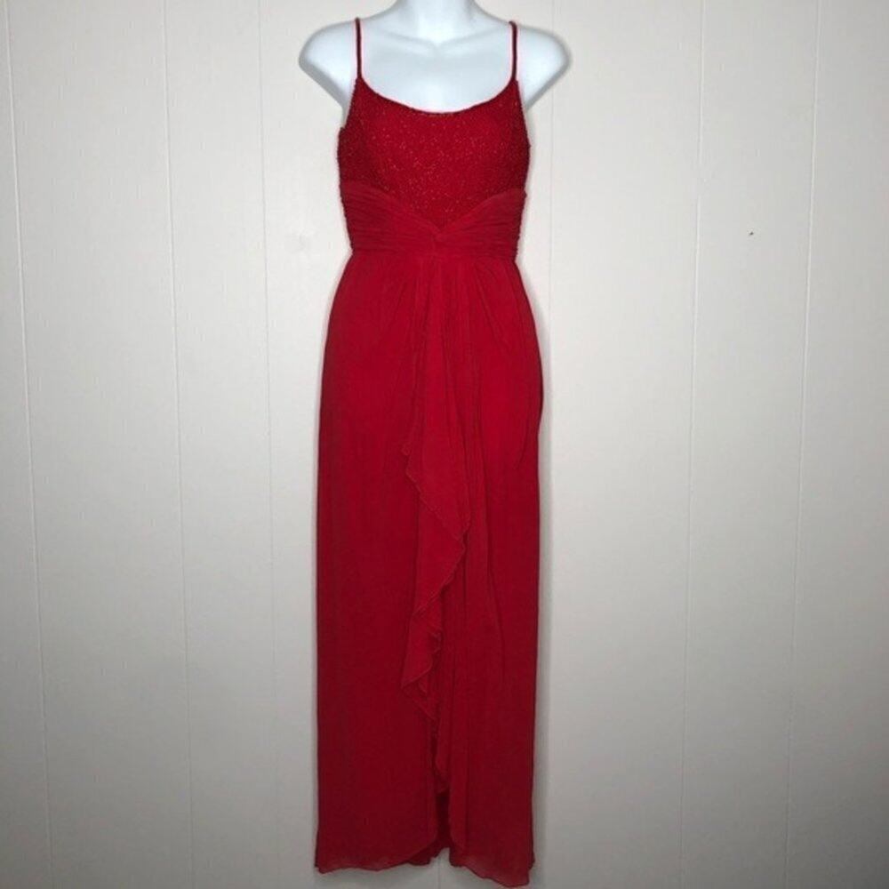 OLEG CASSINI Vintage Silk Dress Womens 6 Red Cherry Beaded Formal Prom Evening